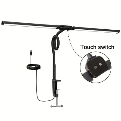 Produktbild von LED-Schreibtischlampe mit Doppelleuchten, Tischklemme, 3 Lichtfarben, 10 Helligkeitsstufen, Touch-Steuerung, USB, 13 W - Schwarz