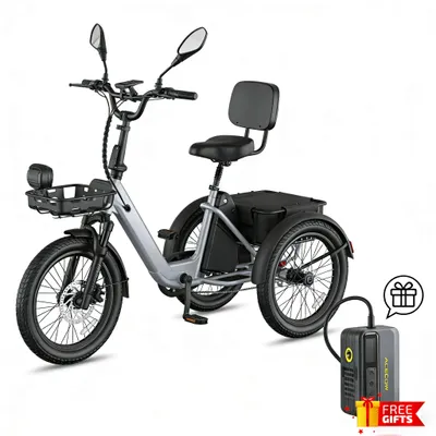 Produktbild von 2026 25AH Dreirad E-Bike Klappräder 20 Zoll, Elektro Dreirad 25km/h, E Bike Lasten Drehmomentsensor, Belastung 180KG,MIT Mini-Elektroluftpumpe Grau