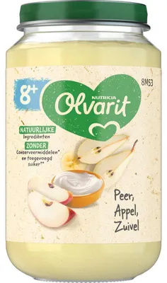 Productafbeelding van Olvarit Peer-Appel melkpapje, geschikt voor kinderen vanaf 8 maanden, 200g - Een voedzame fruit- en melkpap zonder toegevoegde suiker