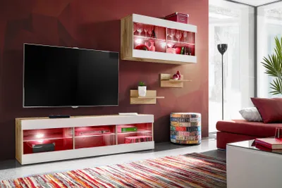 Obrázek produktu pro Nástěnná skříňka, Tivoli SET3, Wotan/bílá, šířka 240 cm x výška 159 cm x hloubka 35 cm, LED RGB, do obývacího pokoje, ložnice