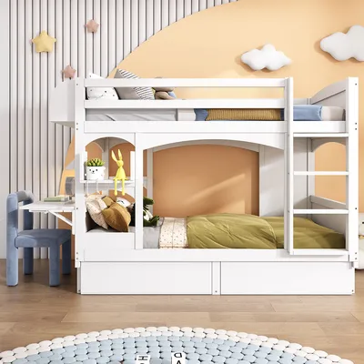 Produktbild von Hausbett mit klappbarem Schreibtisch und Regal Leiter und 2 Schubladen Kinderbett Doppelbett Etagenbett 90*200 cm