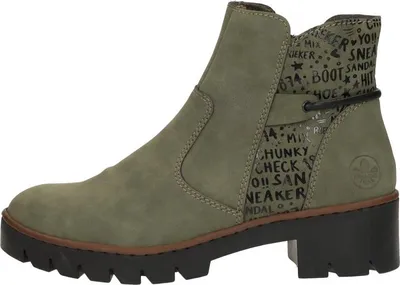 A side view of a green ankle boot with text printed on the side panel.