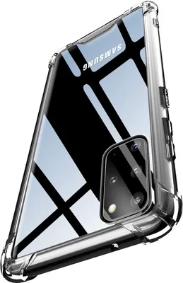 A clear protective case for a Samsung Galaxy S20/S20 5G phone, showing the back of the phone with its camera array and the Samsung logo.