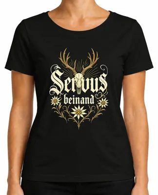 Produktbild von Servus beinand Hirsch Geweih Edelweiss Trachtenshirt Lederhose Damen T-Shirt, Schwarz, M