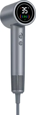 A close-up studio shot of a dark grey hair dryer against a white background.