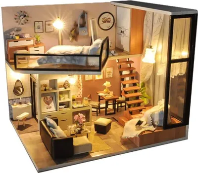 Produktbild von Habarri | Miniaturhaus - DIY-Puppenhaus - Holzhaus mit Möbeln und LED-Beleuchtung - Geschenk für Kinder - Studio in Mailand