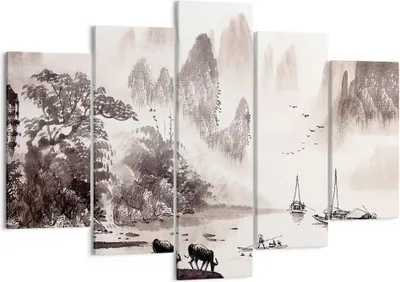 Produktbild von Bild auf Leinwand - Leinwandbild - 5 Teile - Chinesisch Landschaft Aquarell - 150x100cm - Wand Bild - Wanddeko - Wandbilder - Leinwanddruck - Bilder - Wanddekoration - Leinwand bilder - EA150x100-4265