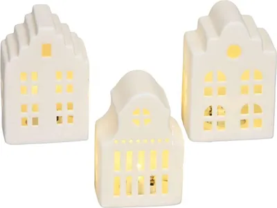 Produktbild von Weiße Lichthäuser in 8 cm als Winterdeko im 3er Set