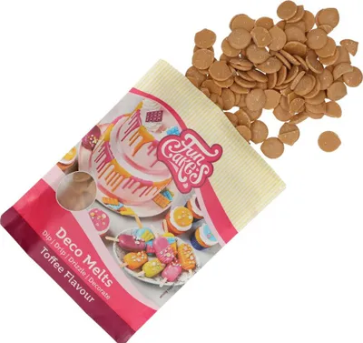A bag of FunCakes Deco Melts Toffee Flavour with some of the melts spilled out.