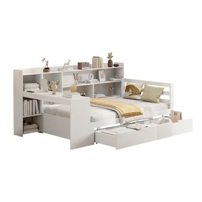Produktbild von Schlafsofa aus Massivholz,Mit Schreibtisch Bücherregal Ablagefächern und Regalen,Mit Steckdose,Mit 2 großen Ablagefächern,Multifunktionales Holzbett