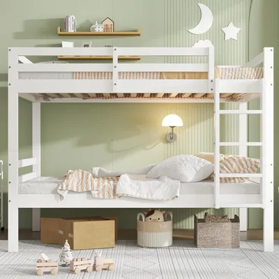 A child's bedroom with a white bunk bed, decorated with moon and star wall decals, and storage baskets on the floor.