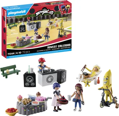 A collage of a Playmobil Miraculous Advent Calendar box and individual toy figures and accessories.