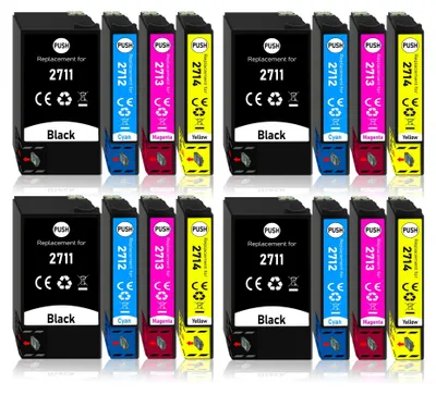 A collection of printer ink cartridges arranged in two rows.