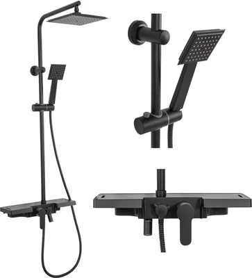 Produktbild von rea Duschset Bravo Mattschwarz aus Messing, ABS, Edelstahl, Keramik, Höhe 1050mm, Schlauch 1500mm, Anschlussabstand 150mm, oberflächenmontiert, mit 3 Mischerfunktionen, Anti-Kalk-Düsen und beweglichem Auslauf, 8-teilig für Dusche & Badewanne