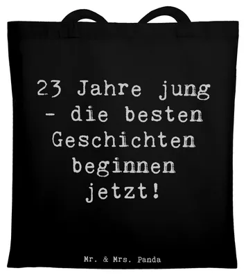 Produktbild von Mr. & Mrs. Panda Jutebeutel Spruch 23. Geburtstag Geschichten - Schwarz - Geschenk, Tasche, feiern, Tote Bag, Glückwünsche, unvergesslicher Moment, Laptoptasche, Liebe