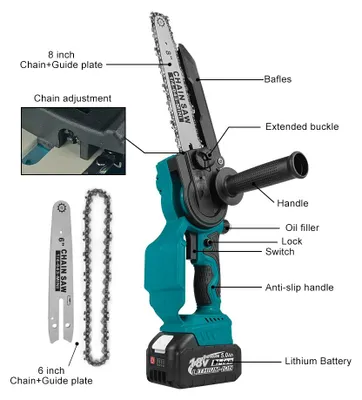 Produktbild von Elektrische Kettensäge, 8 Zoll - Bürstenloser Motor - Akkubetrieben - für Baumpflege und Brennholzsägen