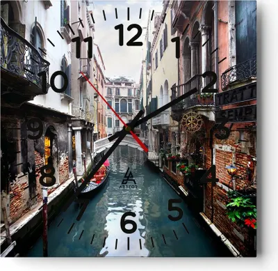 Produktbild von Wanduhr - Quadrat - Glasuhr - Boot Brücke Tourismus Venedig - 30x30cm - Schleichendes Uhrwerk - Lautlos - zum Aufhängen bereit - Dekoration Modern - Wanddekoration aus Glas - C4AC30x30-2157