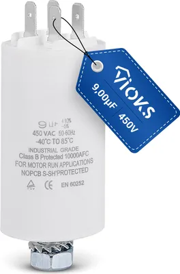 Produktbild von Anlaufkondensator 9µF 450V CBB60 mit 6,3 mm AMP-Doppelsteckfahnen für Haushaltsgeräte