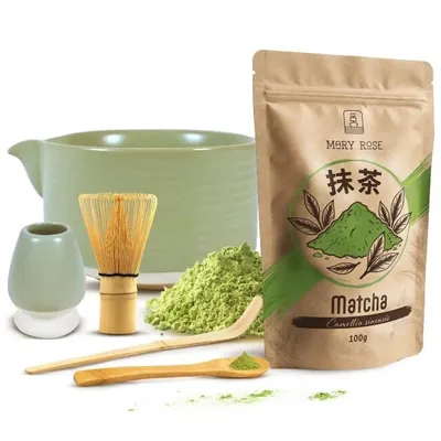 Produktbild von Mary Rose - Matcha Tee Set Pulver 100g - Grüne Keramik Matchawan Schale Aki 450ml mt Ausguss - Bambus Chasen Besen & Kusenaoshi Halter