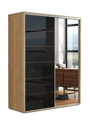 Produktbild von A11 Kleiderschrank mit Schiebetür aus Glas mit Spiegel - Craft Gold, Lacobel Schwarz - 150 x 62 x 245 cm