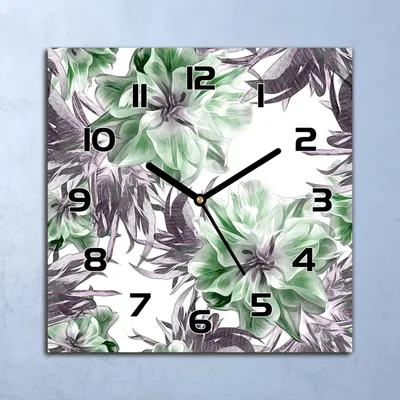Produktbild von Wanduhr Echt-Glas-Küchenuhr grüne Blumen Quarz Lautlos 30x30 Deko Bilder