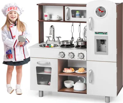 Immagine prodotto di Cucina per bambini in legno COSTWAY, cucina da gioco con luci e suoni, set da cucina da gioco con fornelli, microonde, forno, gelatiera, telefono, orologio, lavello, utensili per bambini a partire dai 3 anni di età