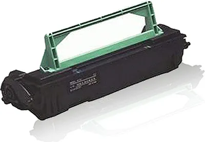 A black toner cartridge with a green handle on a white background.