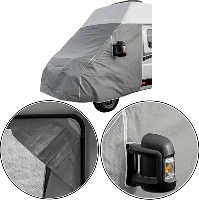 A collage showing a front windshield cover for a vehicle, with close-up details of its construction and how it fits around a side mirror.