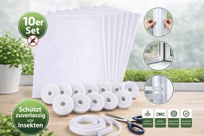 Produktbild von 10er Packung Fliegengitter - 130x150cm - Weiß - Fliegennetz - Insektenschutz - inkl. Klettband - Spurlos ablösbar