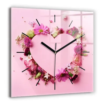 Produktbild von Wallfluent Große Wanduhr – Stilles Quarzuhrwerk - Uhr Dekoration Wohnzimmer Schlafzimmer Küche - Zifferblatt mit Striche - schwarze Zeiger - 60x60 cm - Herz aus Blumen