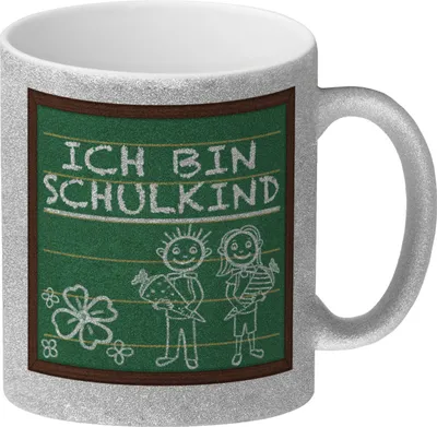 Produktbild von Ich bin Schulkind Glitzer-Kaffeebecher für die Einschulung im Tafellook