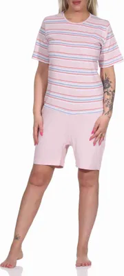 Produktbild von Damen Pflegeoverall kurzarm mit Reissverschluss am Rücken und am Bein in Ringeloptik ; rosa , XXL