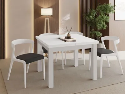 Produktbild von Quadratischer Esstisch Ausziehbar 90 bis 190 cm – Verlängerbar, für 4-10 Personen mit Weißen Holzbeinen – Tisch für Wohnzimmer & Esszimmer in Weiß
