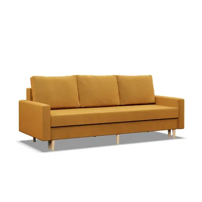 A studio shot of a yellow sofa against a white background.