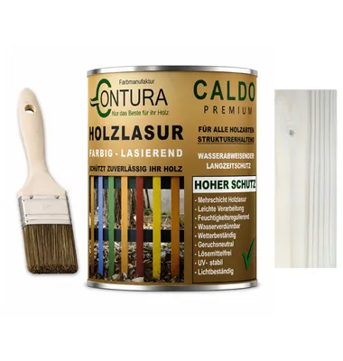 Produktbild von Contura Holzlasur Langzeitschutz Lasur + Pinsel Holz Außen Dauerschutzlasur Holzfarbe - 750ml. + Pinsel / Weißgrau/Salz - K6897