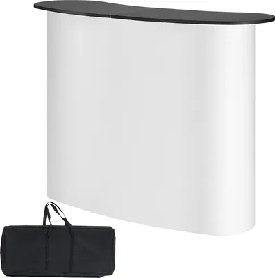 A white, curved tradeshow podium with a black countertop, shown with a black carrying bag.