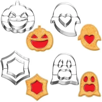 Obrázek produktu pro Sada vykrajítek na Halloween, 4 kusů, nerezová ocel, motiv: dýně, duch, pavučina, hloubka 2 cm