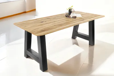 Produktbild von Refurbished Möbelretoure Esszimmertisch Schweizer Kante / runde Ecken massiv & geölt Eiche 200x100 schwarz A-Gestell Lotte