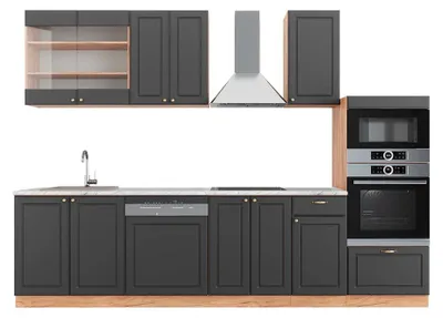 Produktbild von Küchenzeile Vicco Fame-Line Anthrazit Landhaus/Goldkraft Eiche 300 cm mit Hochschrank, AP Marmor, Model 42239