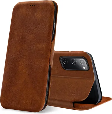 A brown leather flip case for a smartphone is shown against a white background.
