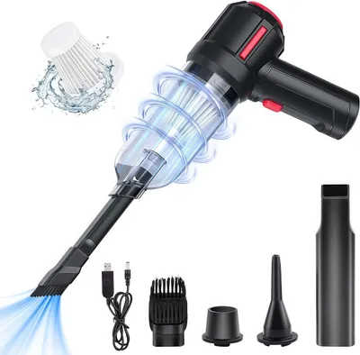 A handheld vacuum cleaner with various attachments and accessories, presented on a white background with illustrative graphics.