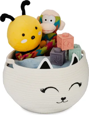 Immagine prodotto di Cesto portaoggetti Relaxdays per bambini, cesto in cotone con gatto, A x P: 24 x 35 cm, cesto per giocattoli per la cameretta, bianco/nero