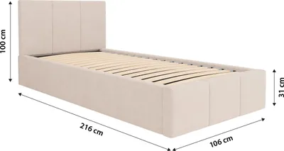 Obrázek produktu pro Muralo Čalouněná postel do ložnice Čalouněná postel s podnožkou a plynovou tlakovou pružinou Postel s čalouněným čelem Jednolůžková postel 90x200 Postel s úložným prostorem Krémová barva