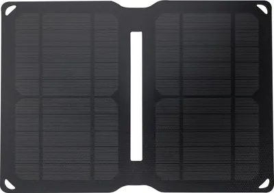A flat lay of a black solar charger with a white stripe down the middle.