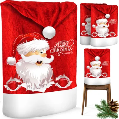 A collage of Christmas-themed chair covers featuring Santa Claus.