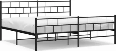 A black metal bed frame with a white mattress on a white background.