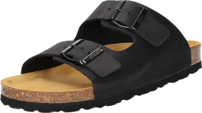 Produktbild von Bio Pantolette Schwarz aus glattem Leder mit zwei verstellbaren Riemen und Weichbettung