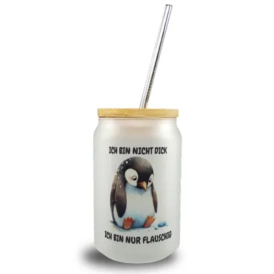 Produktbild von Flauschiger Pinguin Trinkglas mit Bambusdeckel mit Spruch Nicht dick nur