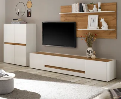Produktbild von Wohnwand "Center" in weiß und Wotan Eiche Set 3-teilig 343 x 180 cm mit XL TV Lowboard