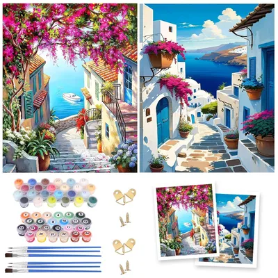 Produktbild von Malen nach Zahlen Erwachsene - 2 Stück - Ölgemälde-Set - 6 Pinsel - Acrylfarbe - 40 x 50 cm - DIY Wanddekoration - DIY Gemälde